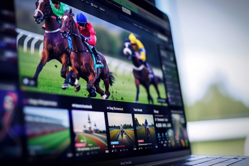 Dynamic online horse racing bet concept. laptop displaying vivid, motion blurred race